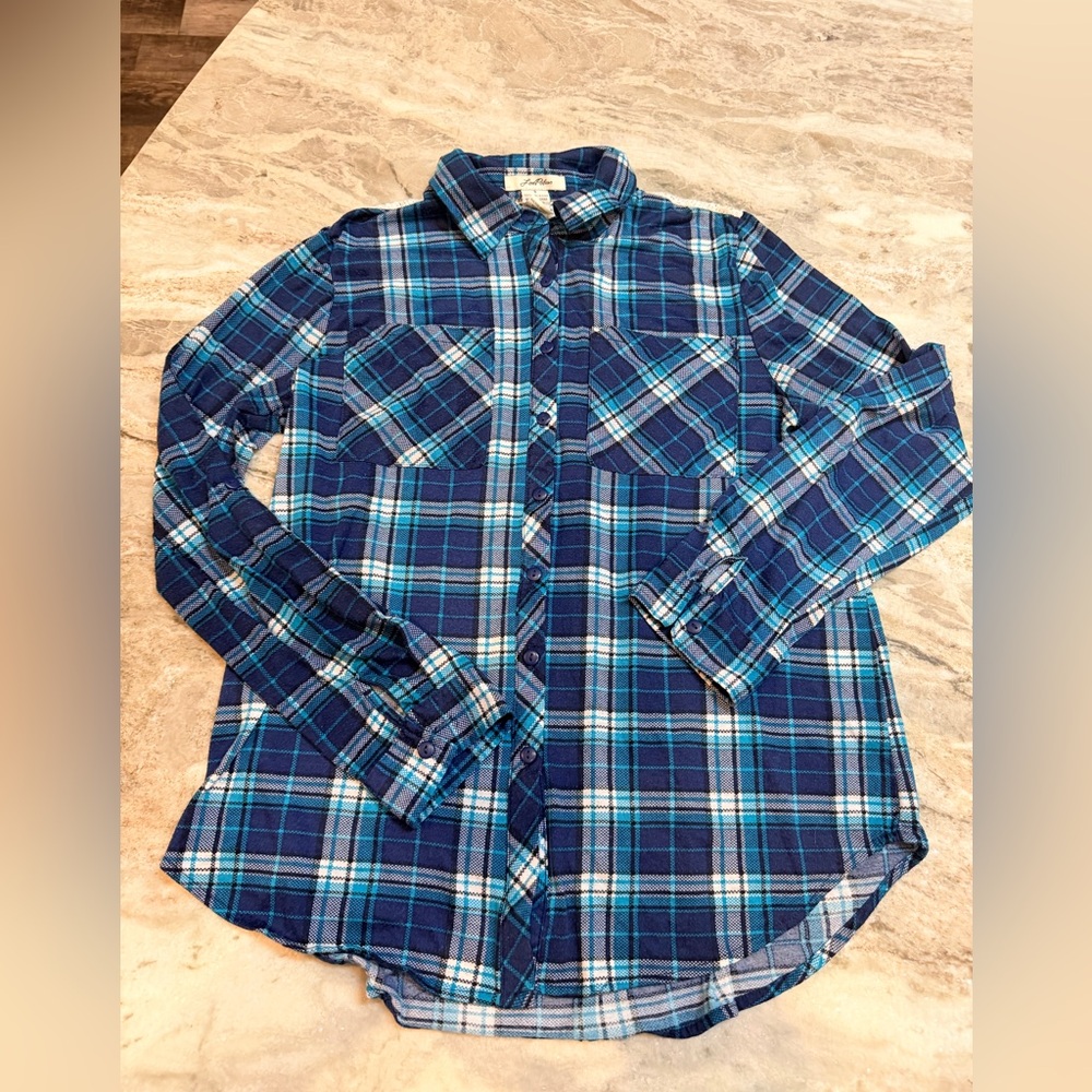 Love Potion Blue Plaid Button Down Shirt Small Lightweight Casual Top